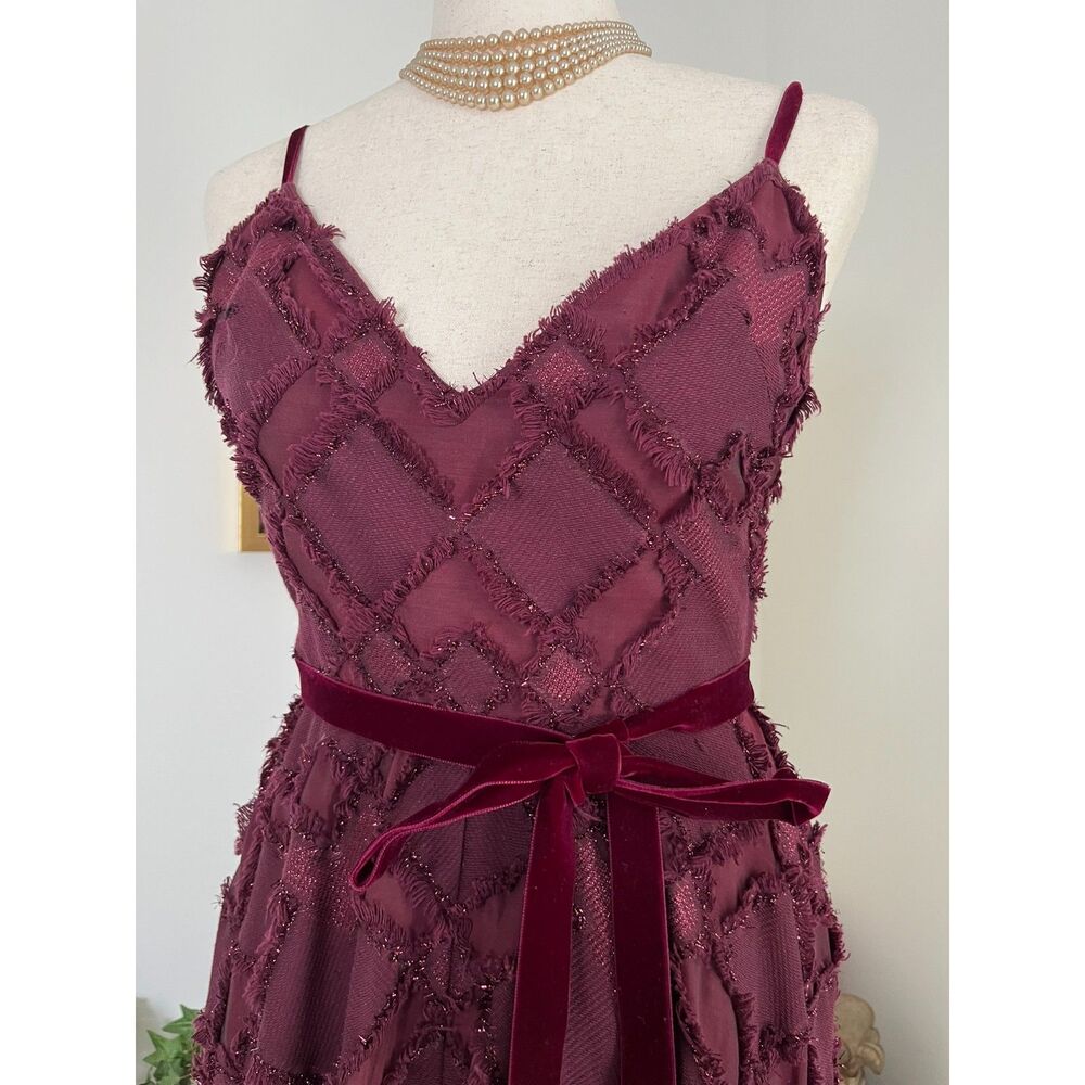 Badgley Mischka Burgandy Fairytale Dress with Velvet Belt Hidden Pockets - Picture 6 of 11